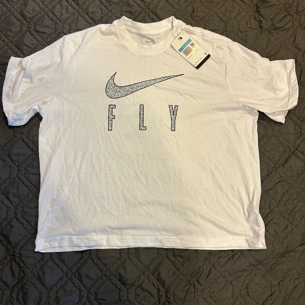 Nike White Tee with Black Swoosh and 'FLY' Detail